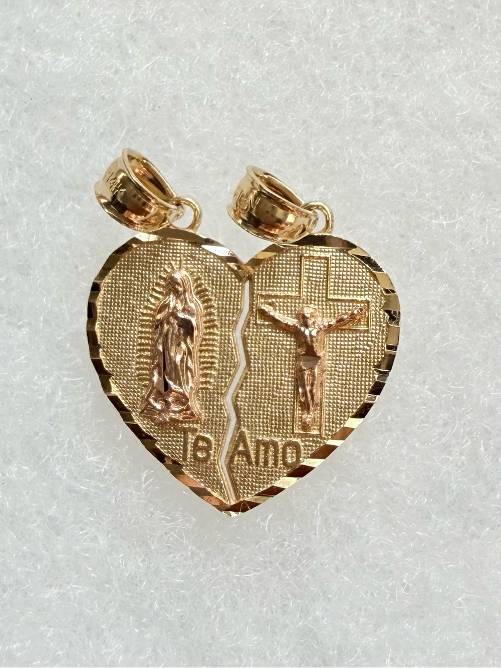 14K Solid Gold Religious Split Heart Pendant |Te Amo Virgin Mary & Jesus Cross